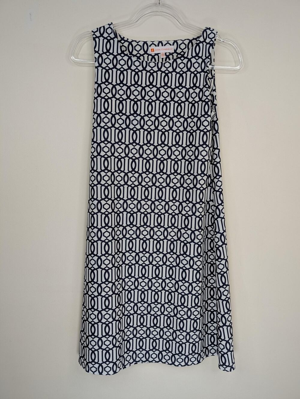 Jude Connally Dress Womens Small Navy White Geometric Print Sleeveless Shift